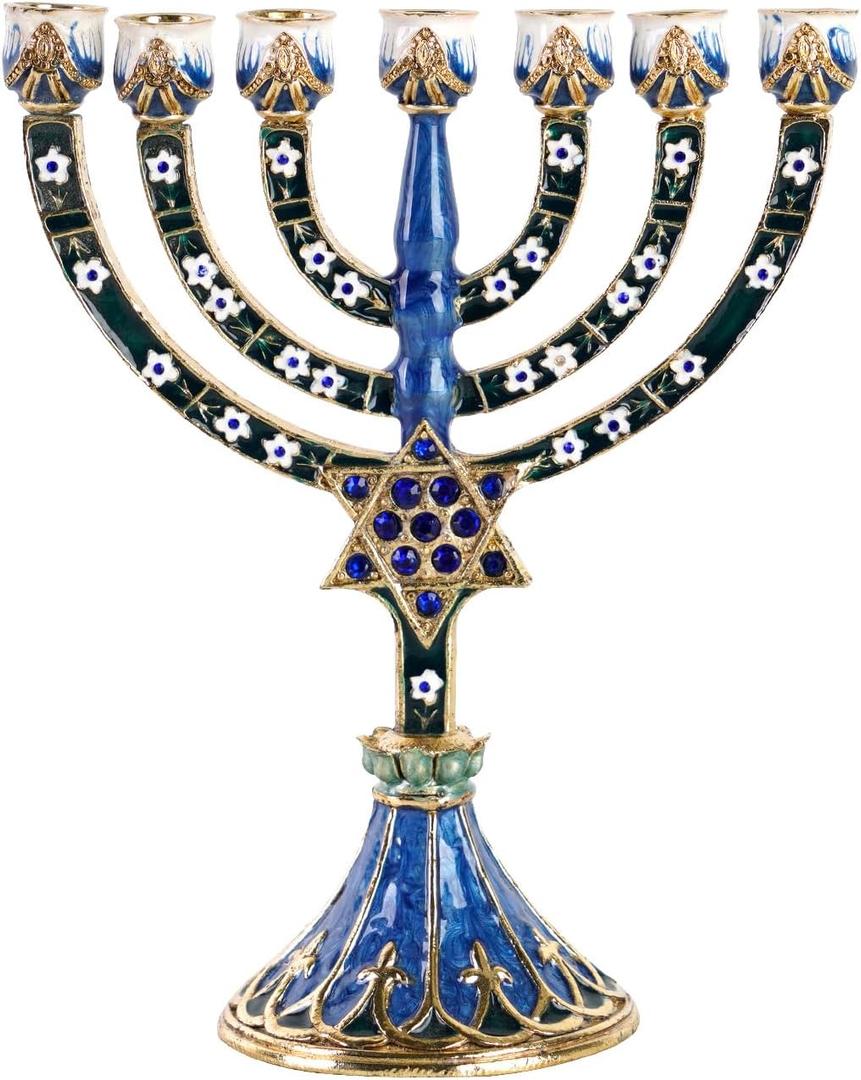 NIKKY HOME 7-Branch Hanukkah Menorah, Jewish Candle Menorah, Artistic Candles Holder Fits All Standard Chanukah Candles Antique Design for Spiritual, Religious & Home Decor - Blue