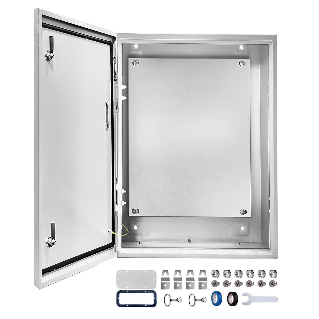 Electrical Junction Box 28x20x10, NEMA 4X IP66 Steel Enclosure Box | 1.5mm steel with lock and rustproof coating. Mounting plate included for indoor & outdoor electrical applications.