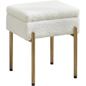 Vanity Stool Chair, Small Ottoman Stool with Storage, Makeup Vanity Chair with Anti-Slip Feet, Footstool Ottoman with Metal Legs, Storage Chairs for Makeup Room, Bedroom, Living Room (White+Gold)