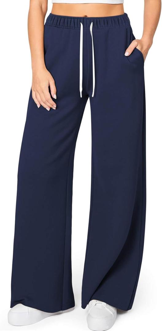 HeSaYep Women's Wide Leg Sweatpants Elastic High Waist Loose Sweat Pants Straight Leg Drawstring Trousers with Pockets (Blue)