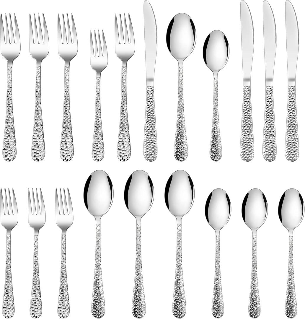 HaWare Hammered Silverware Set, 20-Piece Stainless Steel Flatware Set Serving for 4, Food-Grade Tableware Cutlery Set, Durable Eating Utensil Sets for Home Restaurant, Mirror Polish, Dishwasher Safe