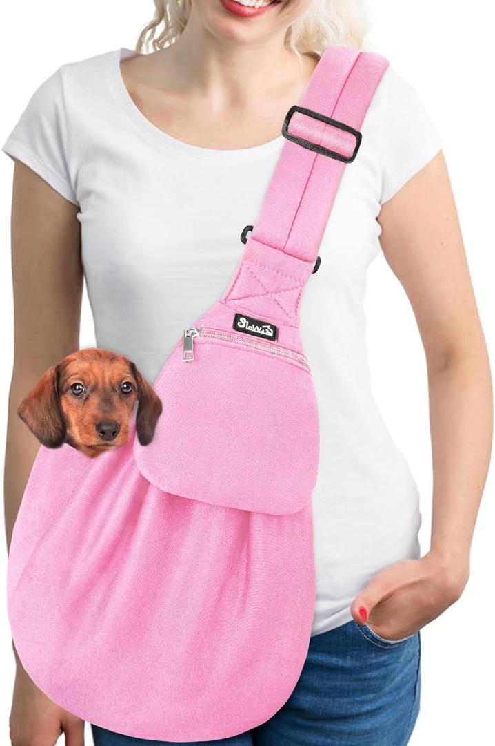 SlowTon Dog Carrier Sling - Thick Padded Shoulder Strap Adjustable Dog Carriers for Small Dogs, Puppy Carrier Purse for Pet Cat with Front Zipper Pocket Safety Belt Machine Washable (PI, L), G-Pink Knitted Fabric
