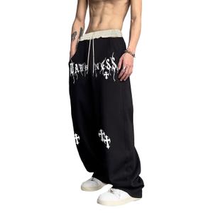 VIPWOLF Men's Baggy Wide Leg Sweatpants Y2k Letter Graphic Stacked Jogger Trousers Workout Gym Track Pants Streetwear Black White Small