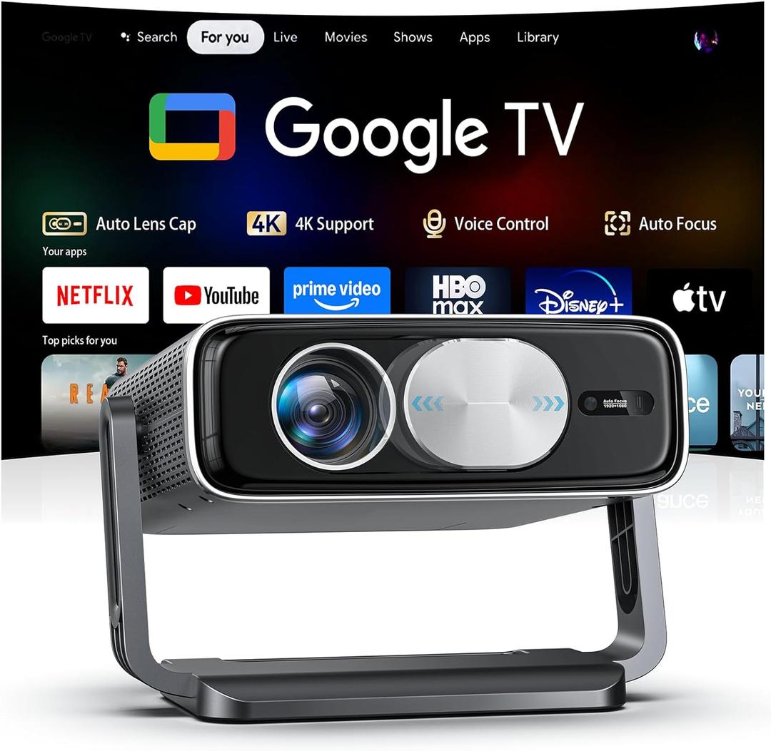 Smart Projector [Built in Google TV and 4K Support] with WiFi and Bluetooth, 2500ANSI, Auto Lens Cap, Portable Outdoor Movie Projector with Built-in Apps Auto Focus for Ceiling/Home Theater/Bedroom