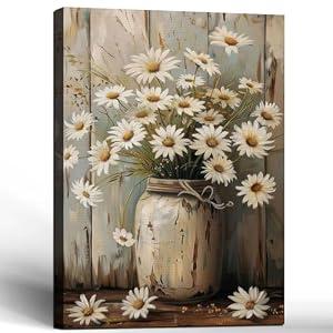 Framed Vintage Farmhouse Canvas Wall Art Clay Pot Daisy Wall Decor Painting Country Style Print Poster Home Picture Bedroom Living Room Bathroom Farmhouse 16x24 Inch Ready to Hang