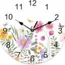 Wildflower Butterfly PVC Wall Clock Silent Non-Ticking Battery Operated Clocks, Spring Floral Round Clock for Home Living Room Office School Kitchen Bedroom Bathroom Wall Decor 10 Inch Summer Flowers (White)