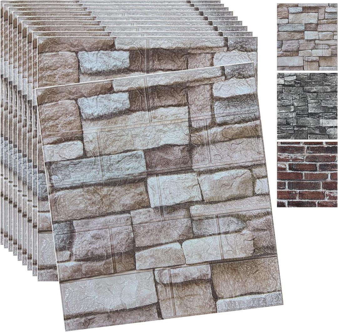 10PCS 3D Wall Panels Peel and Stick 3D Brick Wallpaper Peel and Stick Faux Stone Wall Panel Foam Brick Self-Adhesive Wallpaper (Rock,10pcs)