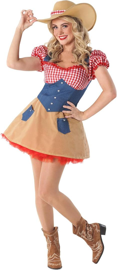 fun shack Women's Cowboy Costume Denim Dress Hat Halloween Cowgirl Outfit Western (X-Large)