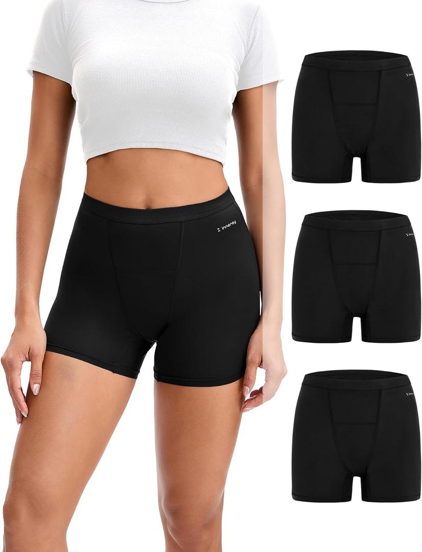 INNERSY Period Boxer for Women High Waisted Leak Proof Postpartm Menstrual Mesh Boy Shorts Panties Underwear 3-Pack (Black, L)