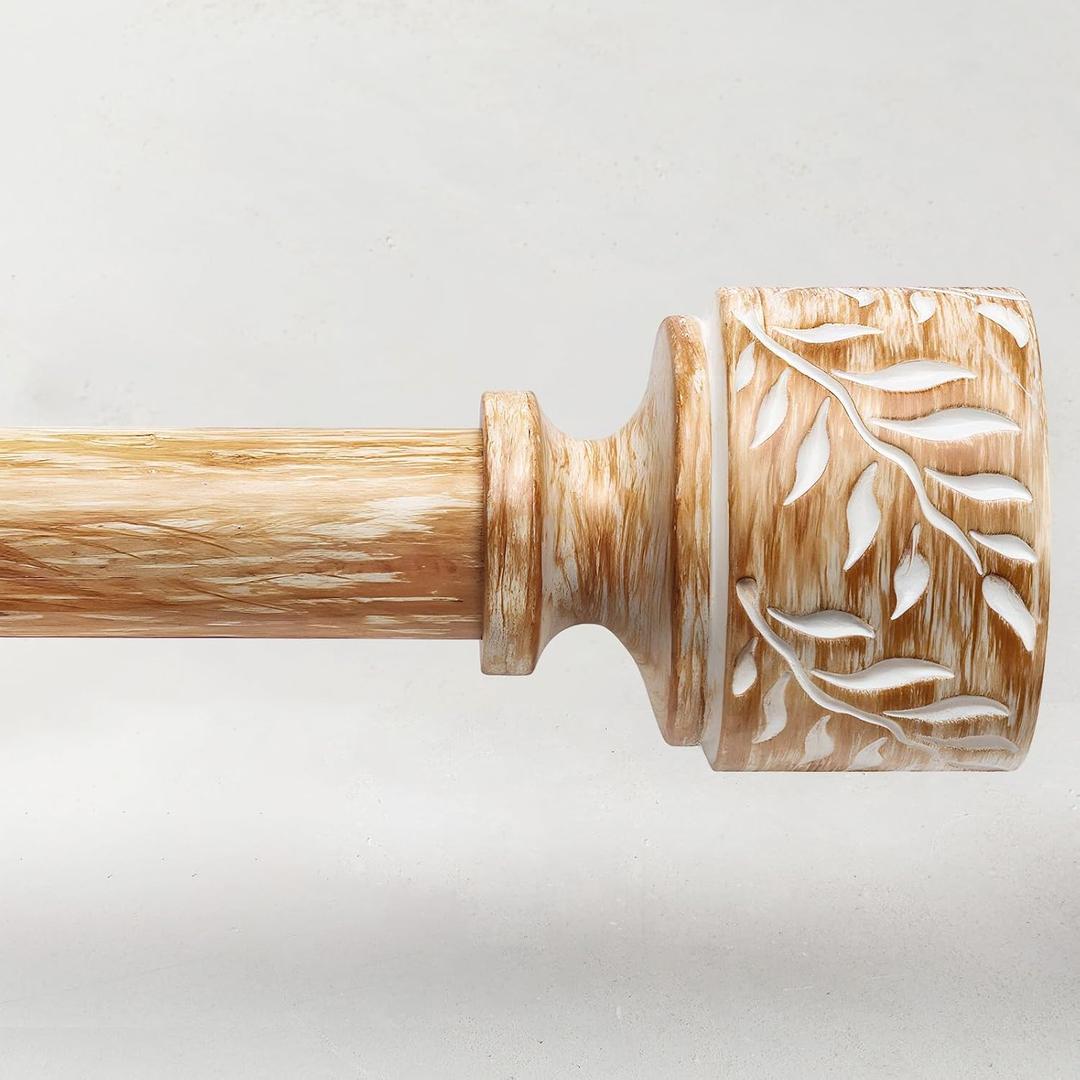 Boho Wood Curtain Rods for Windows 48 to 84 Inch, 1" Diameter Adjustable Heavy Duty Curtain Rod with Imitation Wooden Grain Leaf Pattern Finials, Rustic Decorative Drapery Rods, Size 32"-90"