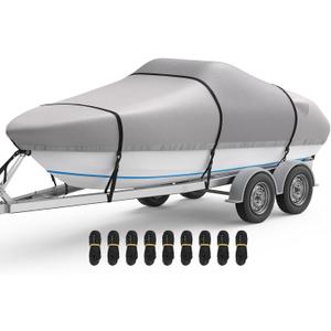 RVMasking Boat Cover, 1400D Heavy Duty Middle Reinforced, Waterproof Trailerable with Storage Bag for V-Hull, Tri-Hull, Fish & Ski, Runabout Bass Boat (14'-16' LongBeam Width up to 90", Gray)