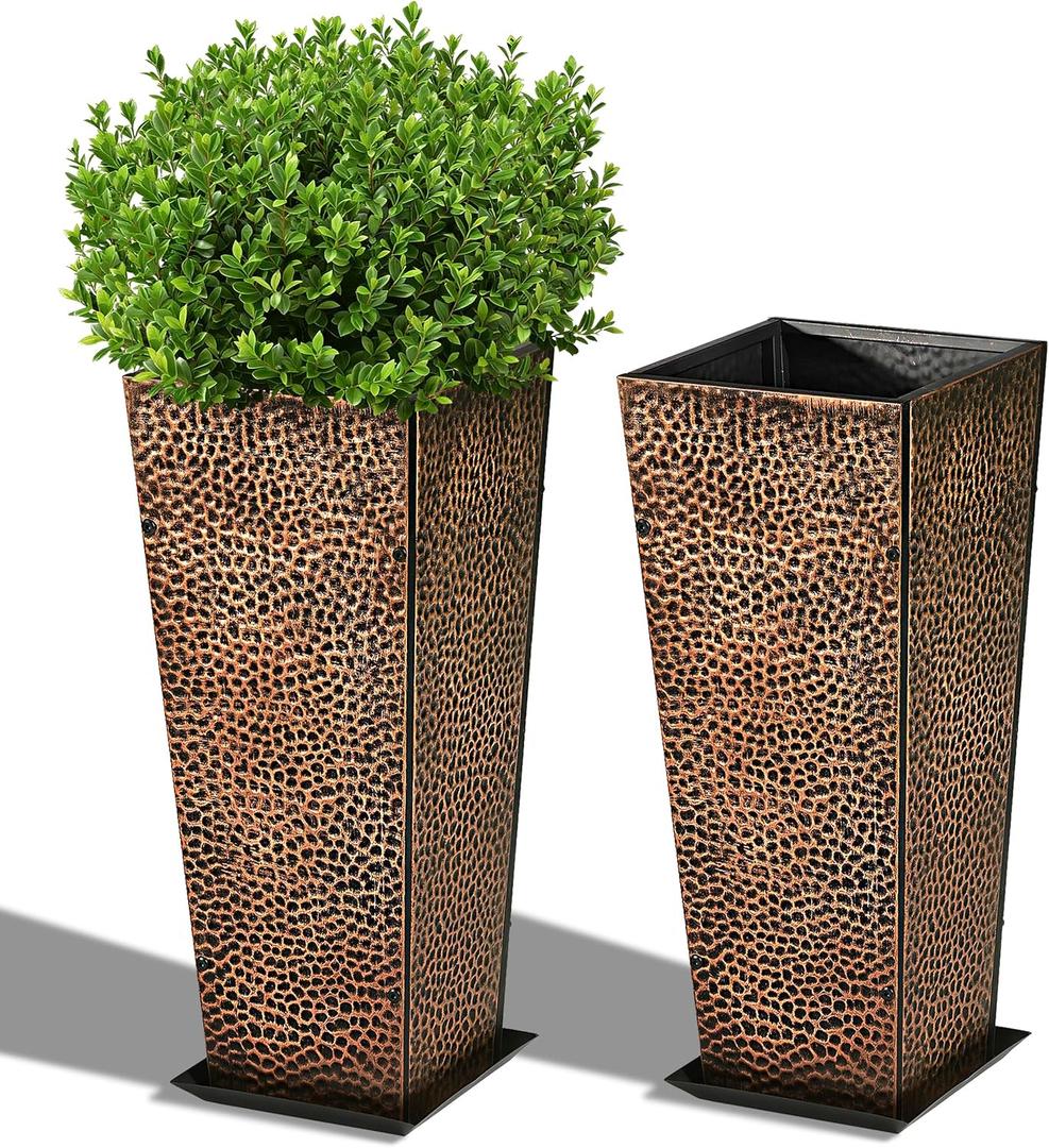BAYN 2-Pack 24" Tall Metal Planter Hand-Hammered Textured Large Bronze Flower Pots Box with Saucer for Outdoor&Indoor, Garden, Porch, Patio, Yard with Pre-Drilled Drainage Holes, Bronze 