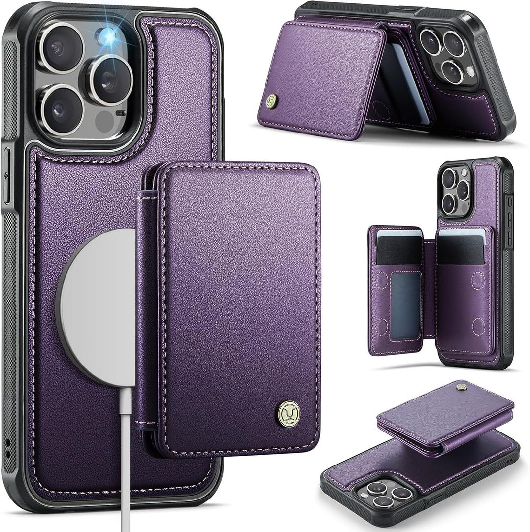 Compatible with Magsafe for iPhone 15 Pro Max Wallet Case Magnetic Card Holder, RFID Blocking 2 in 1 Detachable Kickstand Shockproof Case for Women Men, Purple