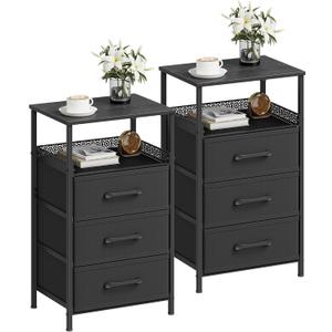 JARHETUN Nightstand Set of 2, Night Stands with 3 Fabirc Drawers, 26.4 Inch Tall Bedside Table with Metal Shelf, Modern Side End Table Storage Furniture, Small Dresser for Bedroom, Black