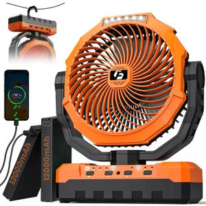 24000mAh Camping Fan - 9-Inch Detachable Rechargeable Battery Operated Fan with Light & Hook for Tent, Outdoor - USB Table Fan with 4 Speeds for Picnic, BBQ, Fishing, Travel, Hurricane