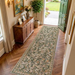 jinchan Eden Floral Washable Runner Rug 3x10 Entryway Rug Vintage Lightweight Soft Non-Slip Indoor Low-Profile Distressed Green Carpet for Kitchen Hallway Bedroom Entrance Living Room Laundry Nursery