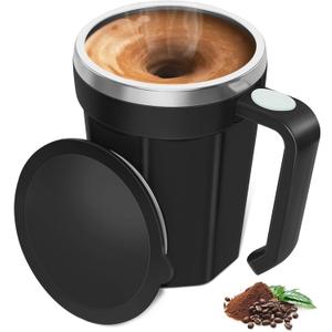 Self Stirring Coffee Mug, 18 oz Self Stirring Mug with Lid, Self Stirring Cup with Stainless Steel for Coffee, Milk and Beverages at Office, Home, Travel, Camping, 1 Pack - Black