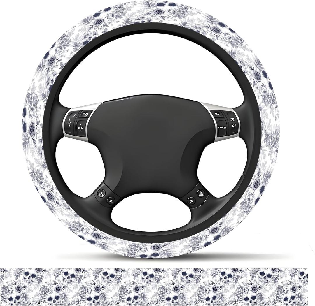 Elastic Car Steering Wheel Cover, Universal 15 inch Non-Slip Breathable Neoprene Steering Wheel Protector, Car Accessories for Women Men Fit Auto, Suvs, Truck Skull Floral