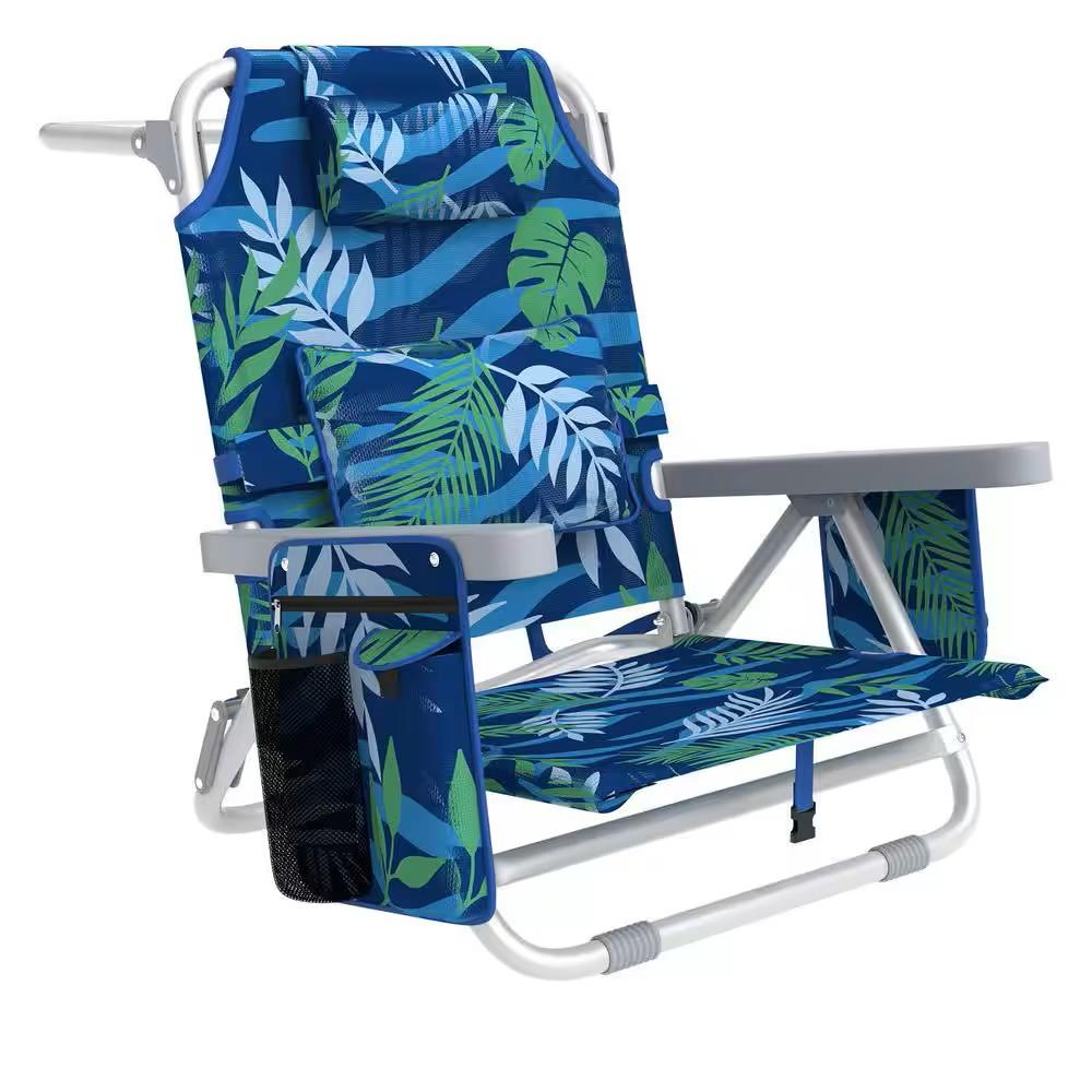 Suteck Beach Chair, Adjustable 5-Position Backpack Beach Chairs for Adults Kids, Foldable Lay Flat Chair with Cooler Bag, Cup Holder and Lumbar Pillow, Reclining Lay Down Chairs for Lawn Outdoor