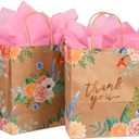 DjinnGlory 25 Pack 10x8x4 Inch Medium Wedding Gift Bags with Pink Tissue Paper, Brown Kraft Floral Paper Bags with Handles, Vintage Floral Thank You Bags for Party Favors, Mother's Day