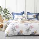 Natural Cotton 3pcs Floral Comforter Sets Queen Size - Grayish White Comfoter with Blush & Tan Floral Print, Aegean Blue Reverse, Vintage Lightweight Bedding Sets(Queen 90"90")