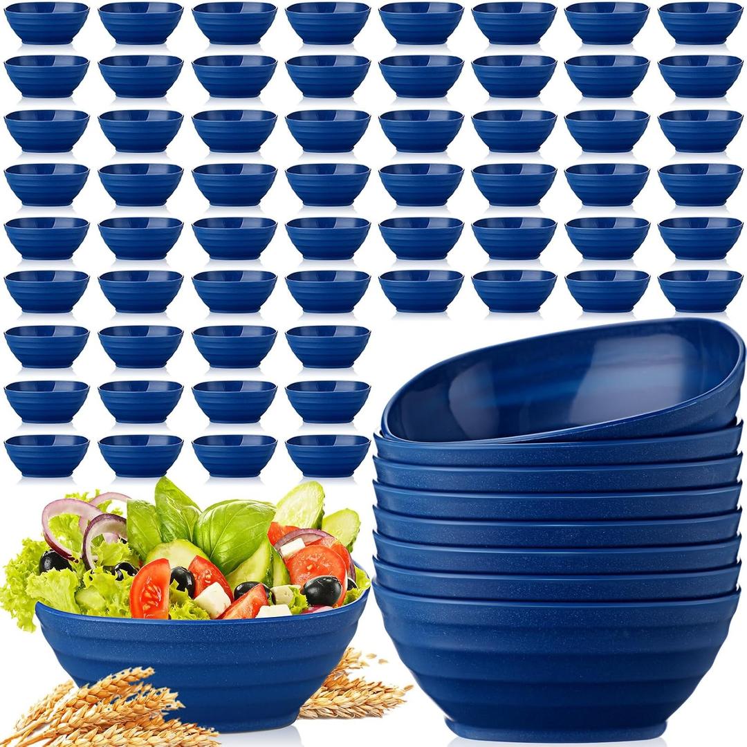 Gejoy 64 Pcs Unbreakable Cereal Reusable Wheat Straw Lightweight Bowls Microwave and Dishwasher Safe Soup Fiber Bowls for Kitchen Serving Salad Rice Snacks (Blue)