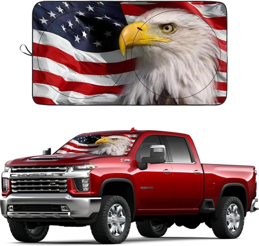 Windshield Sun Shade New American Eagle Flag USA Patriotic Design - Folding Car Front Window Sunshade for Cars SUV Trucks, Max UV Blocking and Keep The Vehicle Cool