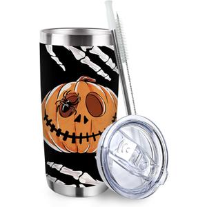 Halloween Jack O Lantern Pumpkin Tumbler with Lid and Straw, Spooky Skull Skeleton Spider Stainless Steel Travel Coffee Cup, 20oz Gothic Holiday Double Wall Vacuum Insulated Mug Halloween Gifts