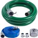 Discharge Hose Pump Kit Includes 2" x 65' Blue PVC Lay-Flat Backwash Hose & 2" x 20' Green PVC Suction Hose & Steel Round Hole Suction Strainer & Cam and Groove Adapter, for water/trash pump