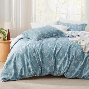 Bedsure Queen Comforter Set - Mineral Blue Bed Set, 3 Pieces Cute Floral Bedding, 1 Soft Reversible Botanical Flowers Comforter and 2 Pillow Shams (11 - Mineral Blue)