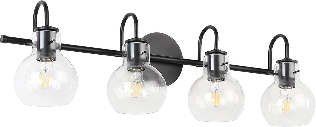 SOLFART Contemporary Glass Globe Vanity Light Bathroom Lighting Fixtures Matt Black Finishing Wall Sconce Modern 4 Lights Over Mirror (Bulbs exclude)