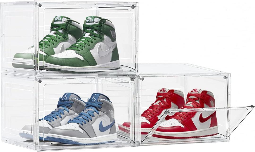 3 Pack Large Shoe Boxes Clear Plastic Stackable, Side Open Shoes Organizer with Magnetic Door, Clear Shoe Boxes Stackable for Display Sneakers, Fit Shoe Size Up to US 15 (14.2x11x8.7in)