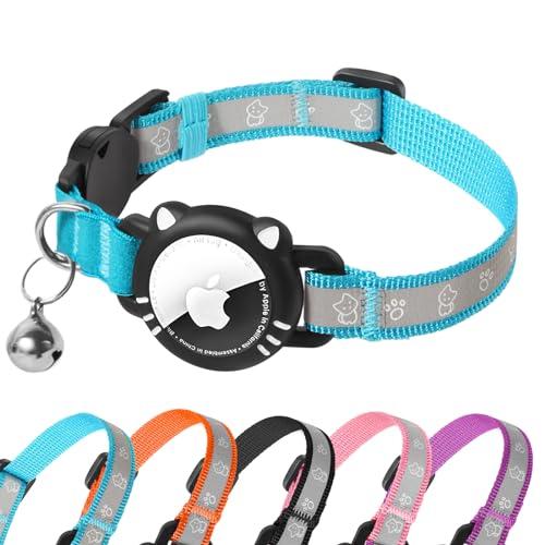 AgoumLux Airtag Cat Collar, Reflective Cat Collar with Apple Air Tag Holder, Breakaway GPS Tracker Pet Collar with Bell for Cat Kitten, Airtag Not Included, Blue, S(9-11 Inch)