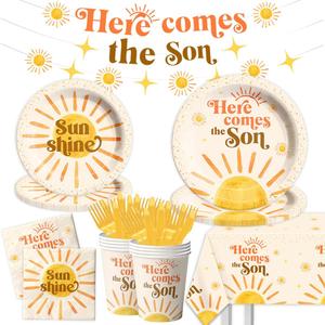 142Pcs Here Comes the Son Baby Decorations-1st Birthday Party Supplies for Boys Boho Sun Tableware Retro Sunshine Here Comes the Son Plates and Napkins Set for 20 Guests