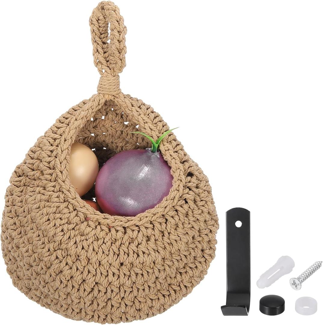 uxcell Hanging Fruit Baskets for Kitchen, Hand-Woven Wall Hanging Storage Jute Basket Teardrop Home Decor Storage for Garlic Potato Vegetable, Brown, M Size Light Brown