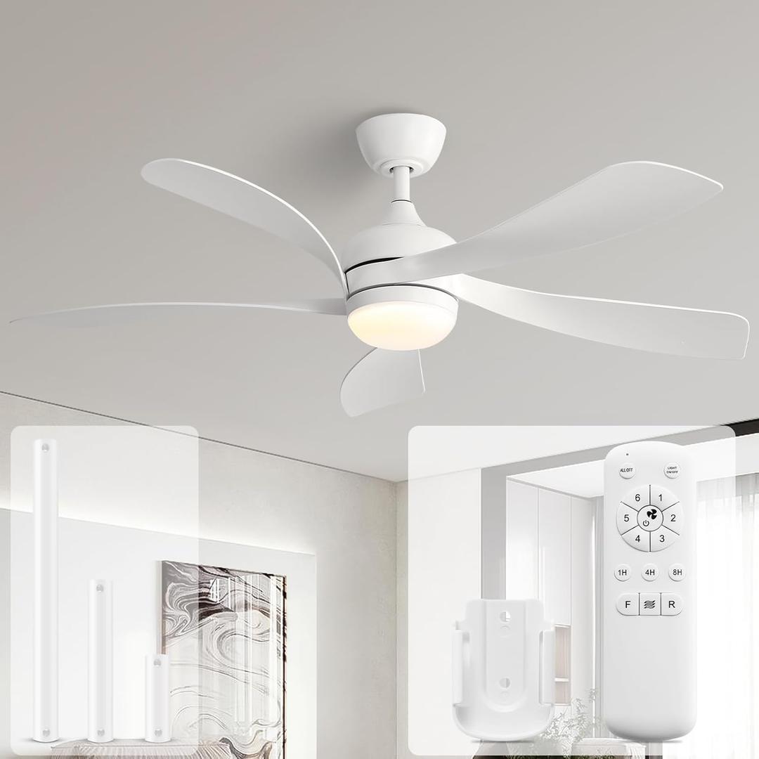 Sofucor 52 Inch Ceiling Fans with Lights and Remote, Outdoor Ceiling Fan with Light 6-Speed 3 CCT 3-Timer, White Low Profile Ceiling Fan 5 Blade Reversible DC Motor for Living Room Bedroom Patio 