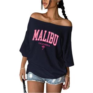 Women's Off Shoulder Tops Letter Graphic Tees Half Sleeve Baggy Summer T-Shirts (Blue, L)