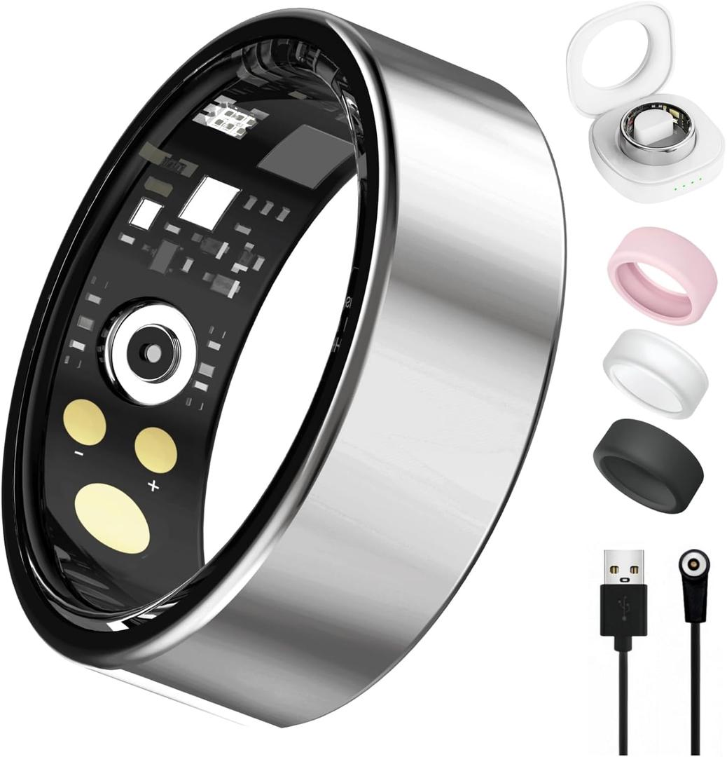 Smart Ring for Women Men, Health Tracker with Heart Rate/Blood Oxygen/Blood Pressure/Sleep Monitor/Step Counting, IP68 Waterproof Fitness Ring, No App Fees (Silver, 8#)
