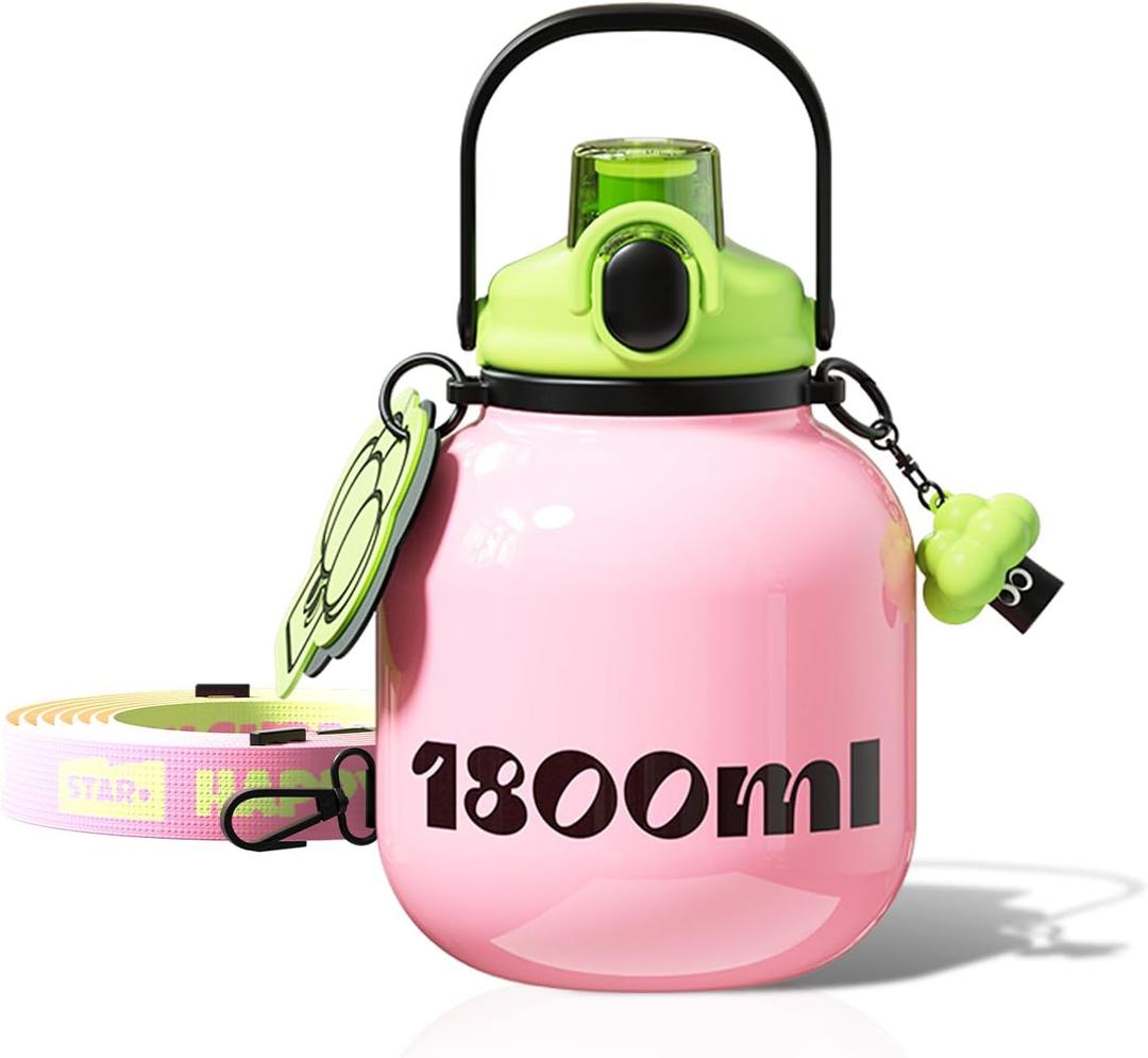 60 oz Big Gallon Water Bottle with Straw and Carry Handle, Pink Wide Mouth Vacuum Water Jug, Insulated Stainless Steel Bottles Easy Carry Tumbler for Women