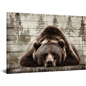 iKNOW FOTO XLarge Brown Wall Art Painting Grizzly Bear Prints On Canvas Vintage Forest Wildlife Animal Pictures Wall Art for Home Cabin Decoration Rustic Farmhouse Decor 48x32 Inches