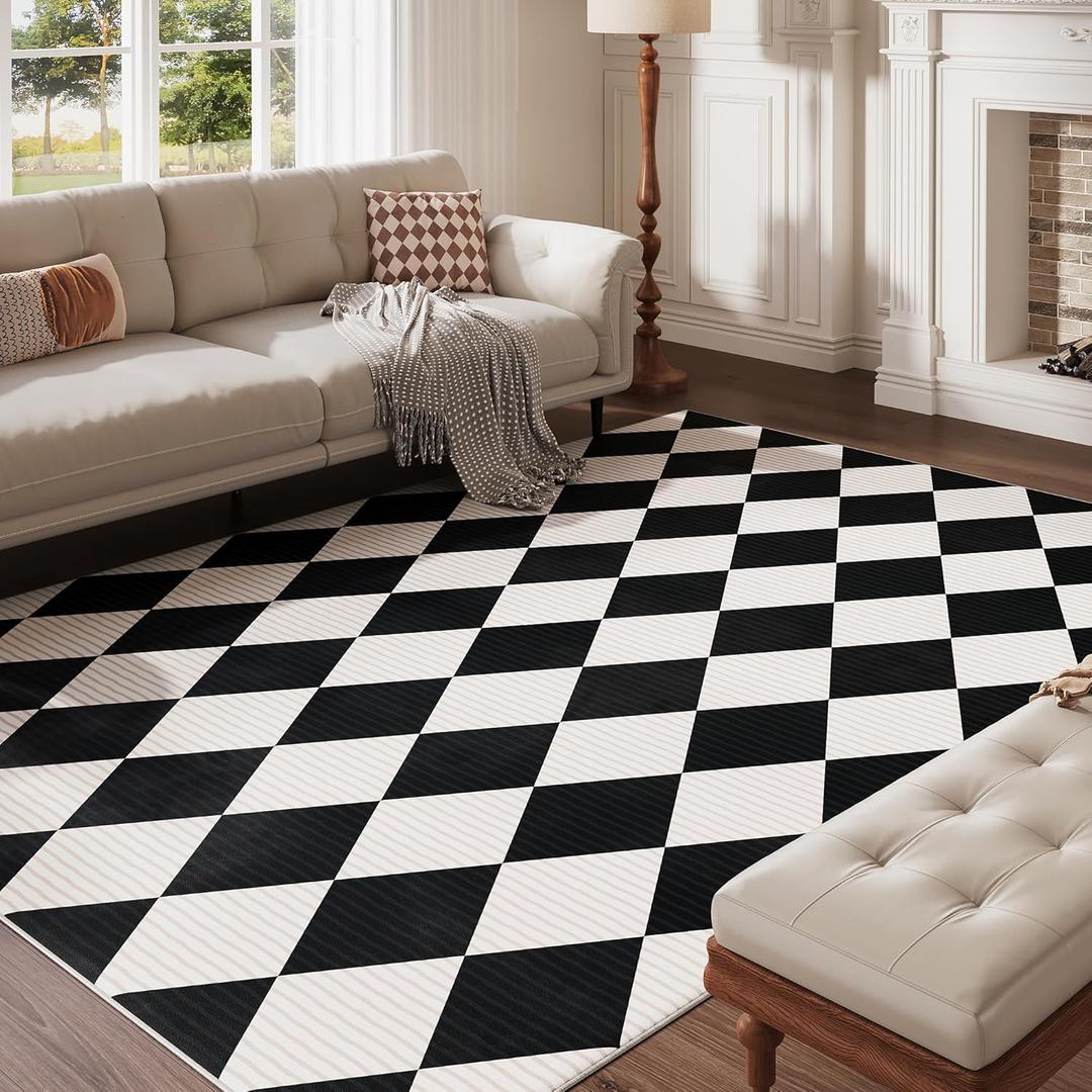 5x7 Washable Checkered Rugs for Bedroom, Black and White Area Rug for Living Room, Geometric Faux Wool Carpet for Kids, Girls, Boys Playroom, Dorm, Nursery, Dining Room, Kitchen, Non Slip,