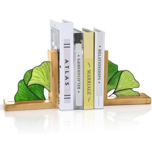 Maitys Ginkgo Leaf Bookends with Oak Wood Base Stained Glass Novelty Bookends Organizer Cute Book Ends for Shelves Desks Libraries Book Lover Gift (Green)