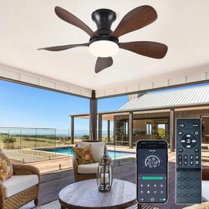 FUMLTP 33In Low Profile Ceiling Fans with Lights and Remote/ APP Control, Modern Flush Mount Ceiling Fan with 5 Reversible Blades for Outdoor Patio, Small Room, Bedroom(Black+Brown)