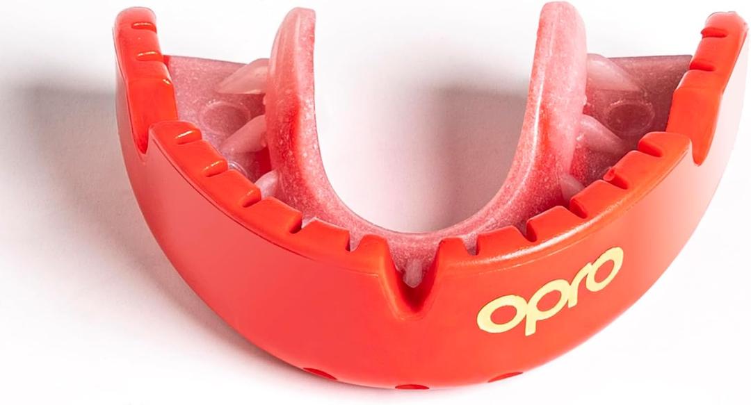 Gold Level Mouthguard with Braces Bumper, Sports Mouth Guard in Adult & Youth Sizes, Revolutionary Fitting Tech for All Contact Sports - Opro by Marcy (Red, Adult)