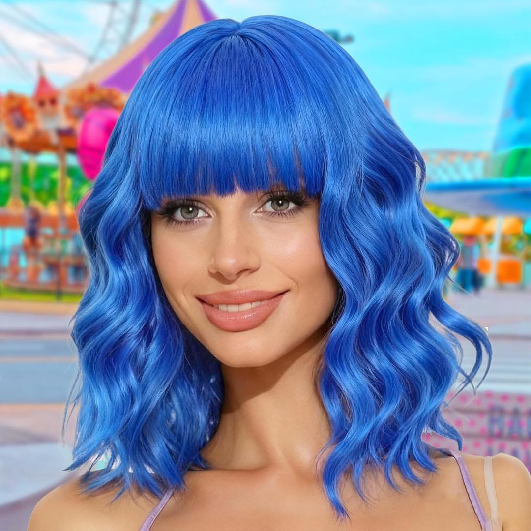 Blue Bob Wigs with Bangs for Women Short Colorful Wavy Curly Synthetic Wig for Cosplay Halloween Costume Party Use 14Inch