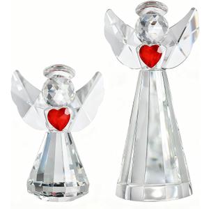 HDCRYSTALGIFTS Set 2 Crystal Angel Figurine Gifts for Women, Glass Chrismas Guardian Angels Ornaments Statues Holding a Heart Home Table Decoration Collectible (Clear,4.5''and 3'')