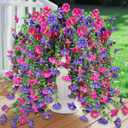 4PCS Artificial Fake Hanging Flowers Plants for Outdoor, Summer Faux Petunias with Eucalyptus Leaves,Silk Morning Glory UV Resistant Look Real for Planter Gardens Balcony Porch Indoor(Purple Mix)