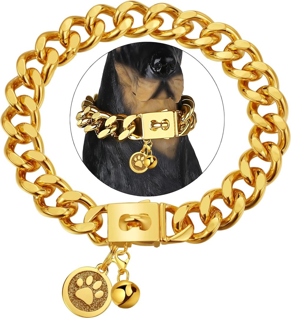 Gold Chain Dog Collar 23mm Cuban Link Dog Collar with Snap Buckle 18K Gold Plated Stainless Steel Metal Dog Chain Collars for Medium Large Dogs Includes Dog.(22") (22"(Fit Dog Neck 19"-21"))