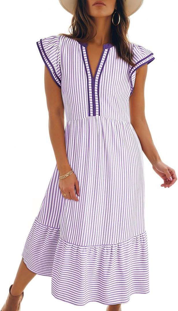 Dokotoo Spring Summer Dresses for Women 2026 Casual V-Neck Ruffle Cap Sleeve Empire Waist Dress Striped Flowy Midi Dresses with Pockets Purple X-Large