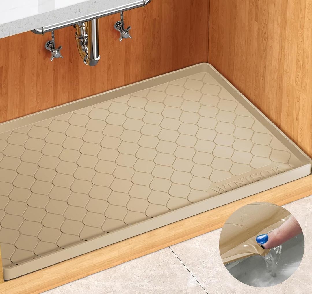 Silicone Under Sink Mat 28" x 22", kitchen Essentials and Gadgets, Shelf liner and Cabinet Protector, Home Organizers and Storage, Waterproof Bathroom Tray (Beige)